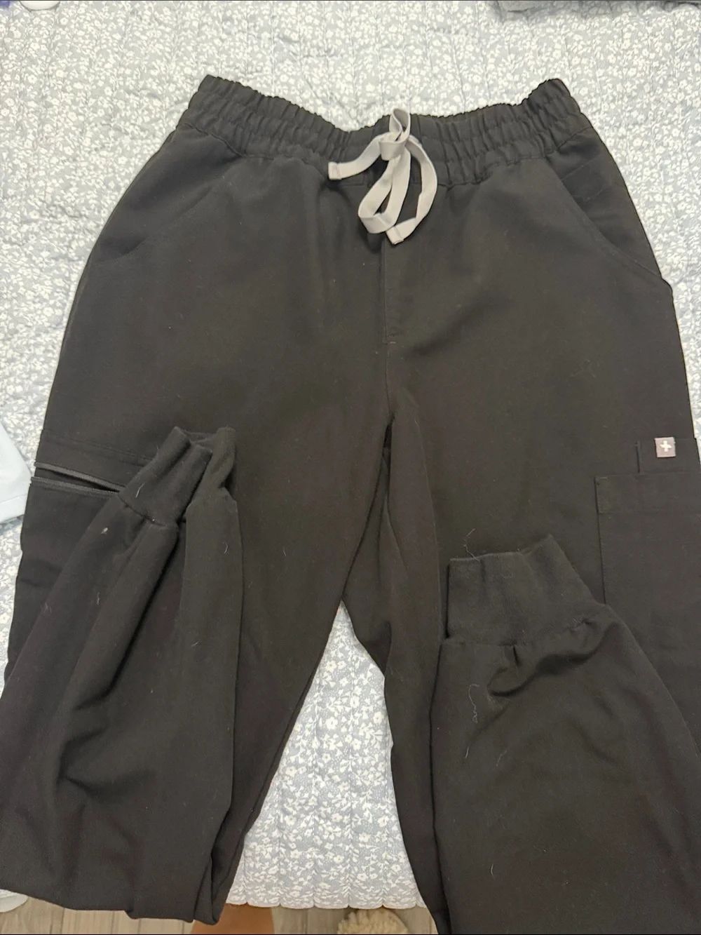 Black Womens Drawstring Cargo Scrub Jogger Pants